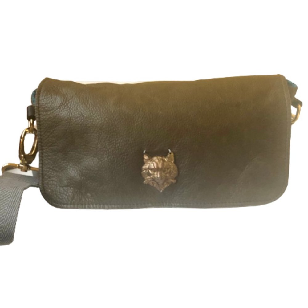 Sous les Pavés Paris SLP Green Lambskin Handbag Crossbody Web Strap Bronze Cat - Picture 13 of 15